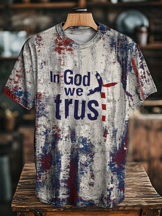 Women's In God We Trust Flag Faith Cross Printed Short Sleeve T-Shirt