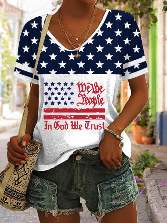 Women's In God We Trust Flag Faith Cross Printed Short Sleeve T-Shirt