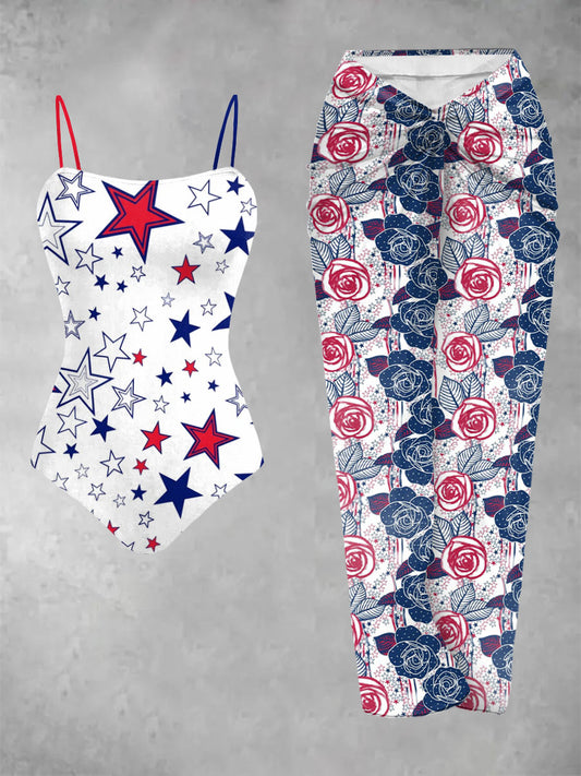 Women's Independence Day Floral and Pentagram Print One-piece Swimsuit 2-Piece Set