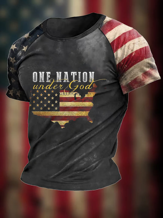 Men's One Nation Under God American Flag Print Casual Short Sleeve T-Shirt