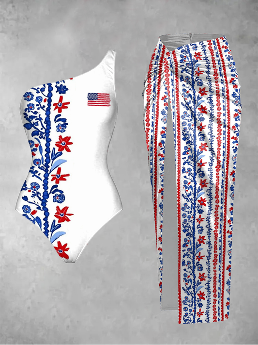 Women's Independence Day floral-print one-piece swimsuit 2-piece set