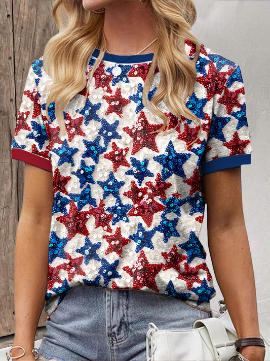 Women's Independence Day five-pointed star print T-shirt