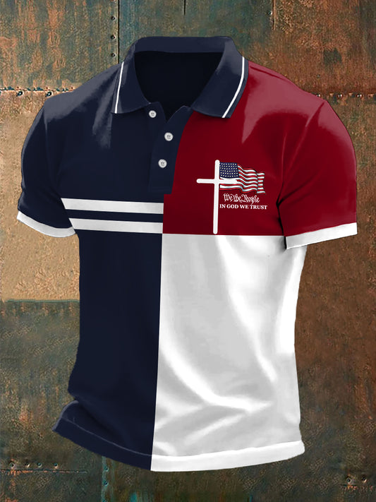 Men's We The People In God We Trust American Flag Colorblock Print Casual Polo