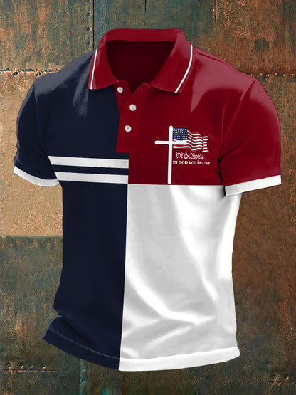 Men's We The People In God We Trust American Flag Colorblock Print Casual Polo