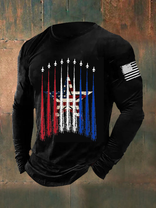 Men's Fighter Jets Red White Blue Long Sleeve Round Neck T-shirt