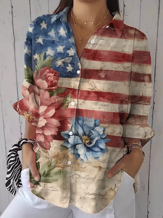 Women's Independence Day Floral Print Casual Shirt