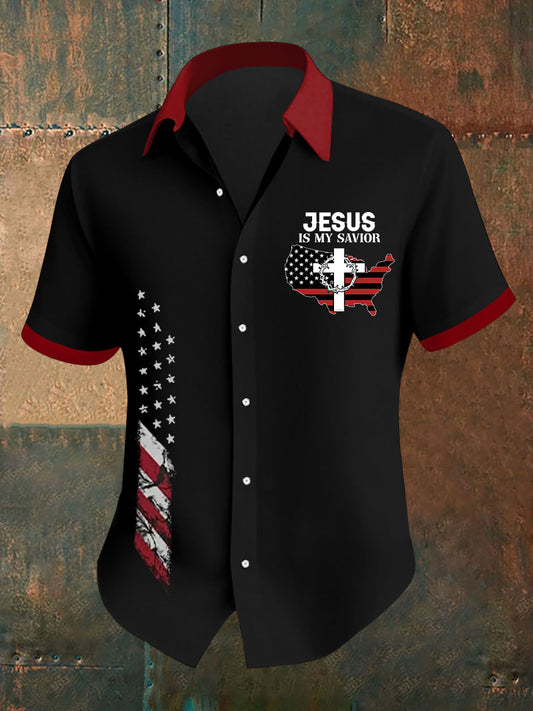 Men's Jesus Is My Savior American Flag Print Casual Shirt