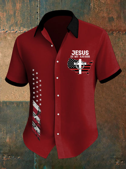 Men's Jesus Is My Savior American Flag Print Casual Shirt