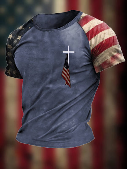 Men's Vintage Faitj Cross Flag Print Short Sleeve T-shirt
