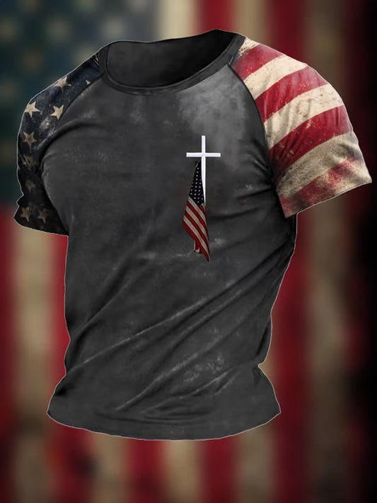 Men's Vintage Faitj Cross Flag Print Short Sleeve T-shirt