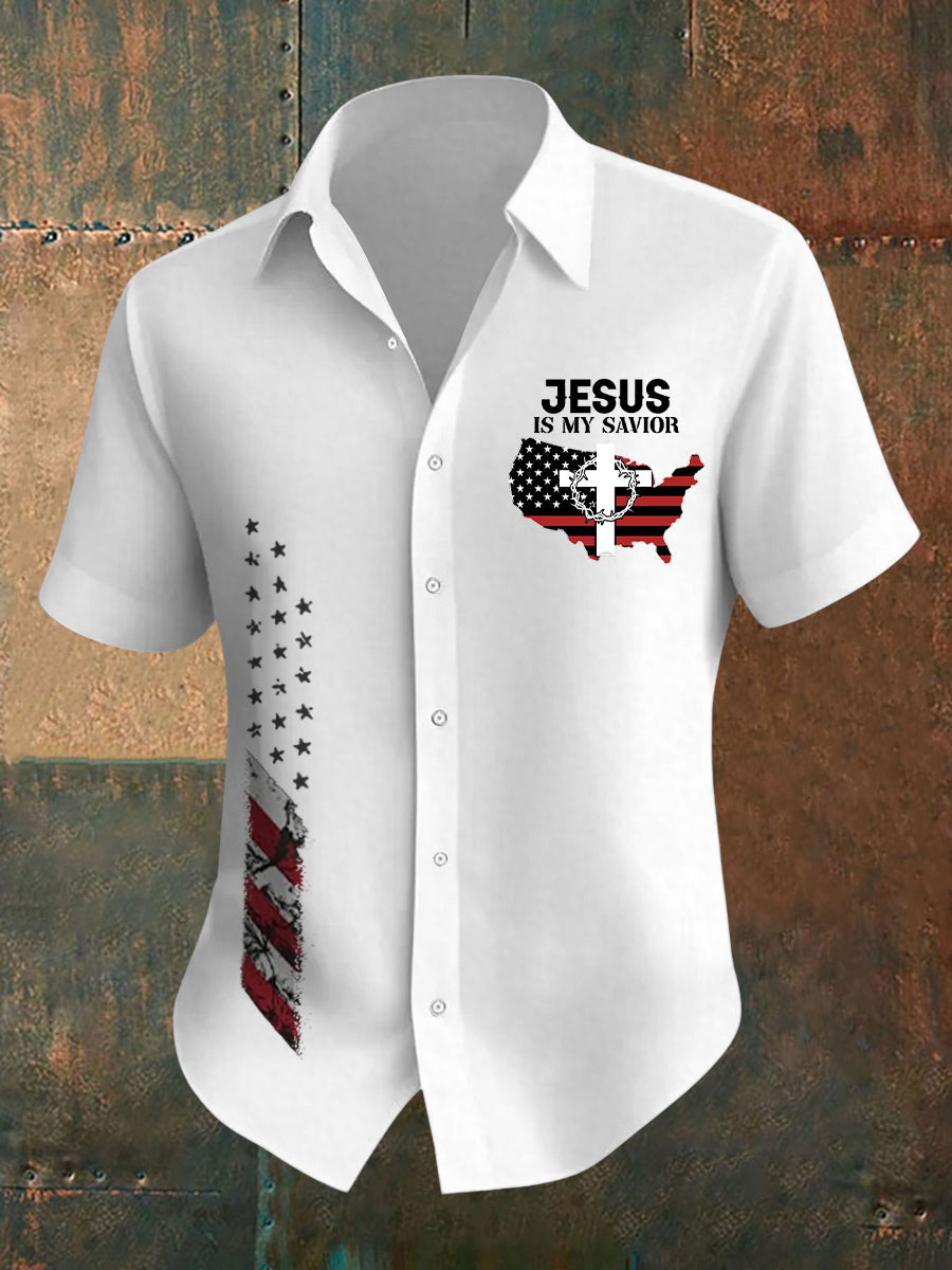 Men's Jesus Is My Savior American Flag Print Casual Shirt