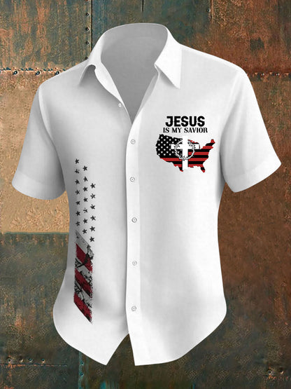 Men's Jesus Is My Savior American Flag Print Casual Shirt