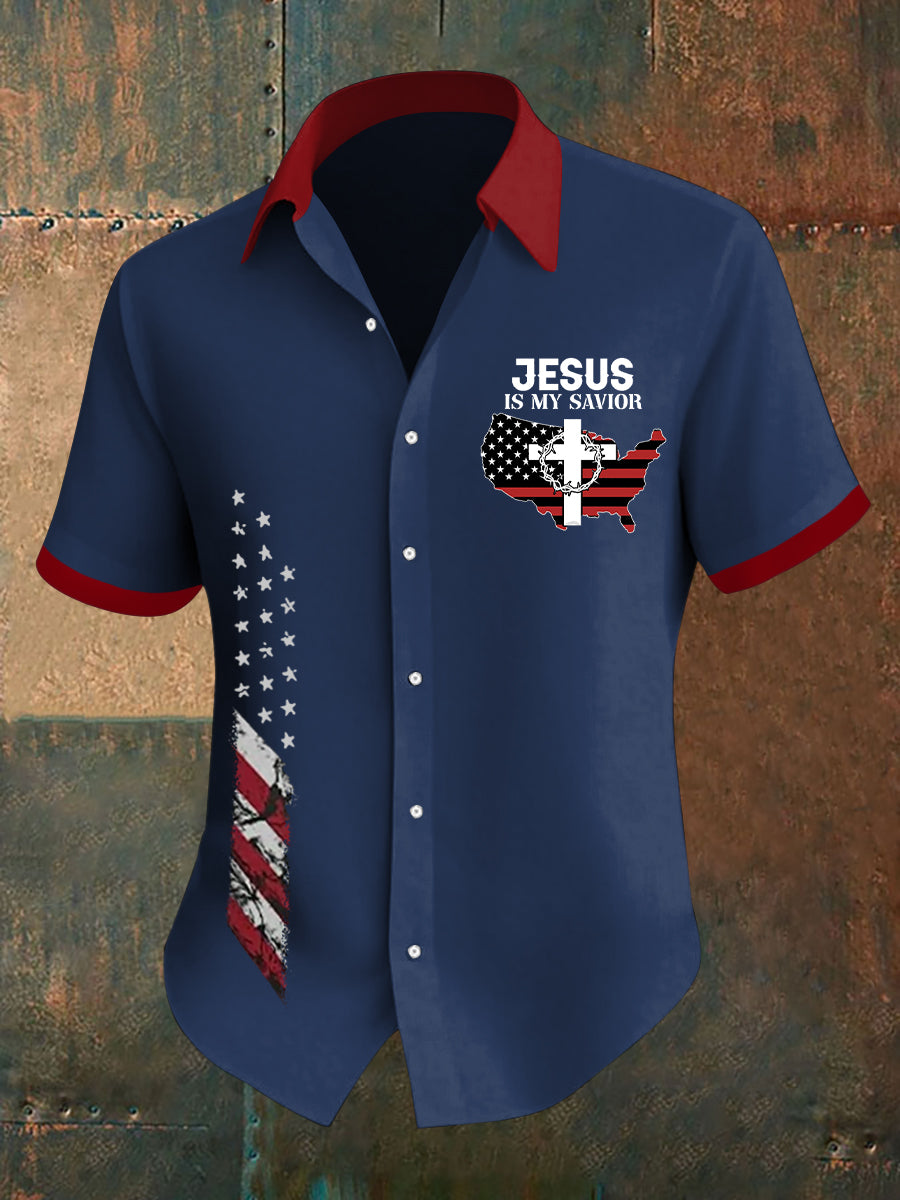 Men's Jesus Is My Savior American Flag Print Casual Shirt