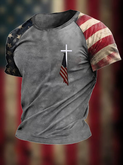 Men's Vintage Faitj Cross Flag Print Short Sleeve T-shirt