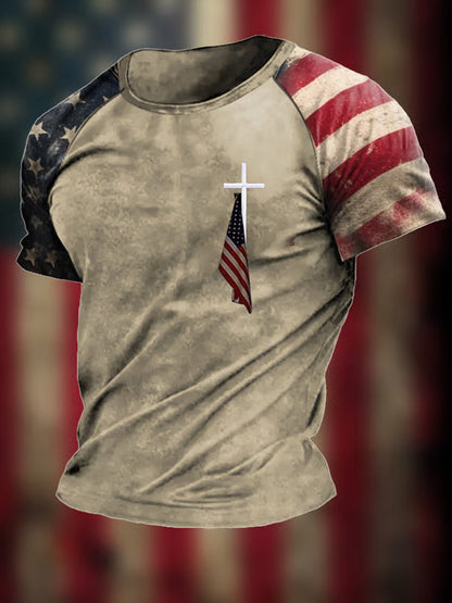 Men's Vintage Faitj Cross Flag Print Short Sleeve T-shirt