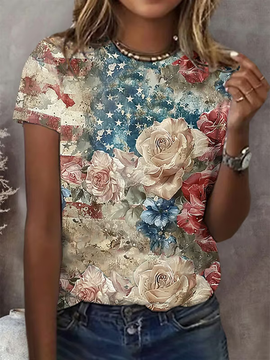 Women's Independence Day Floral Print Casual T-Shirt