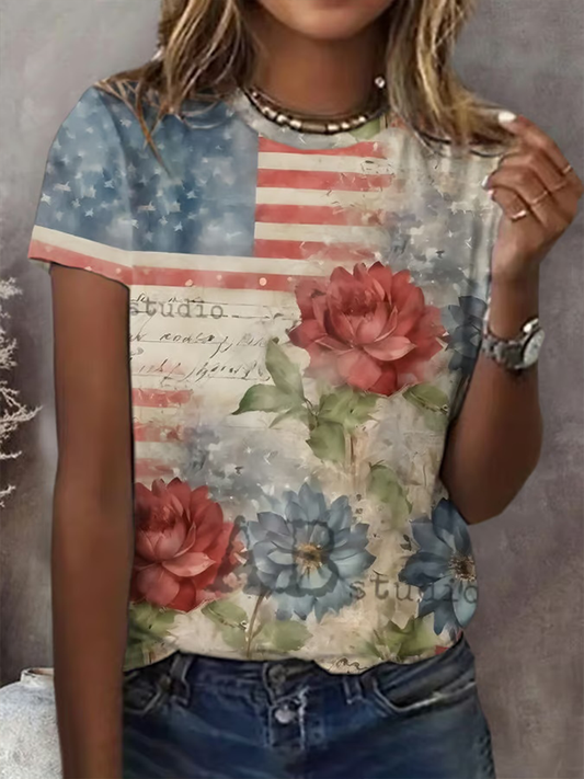 Women's Independence Day Floral Print Casual T-Shirt