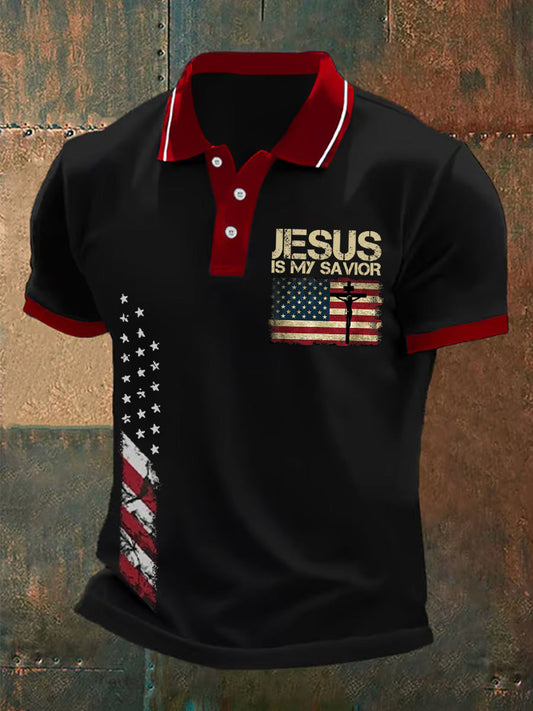 Men's Jesus Is My Savior American Flag Print Casual Polo