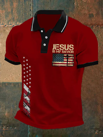 Men's Jesus Is My Savior American Flag Print Casual Polo