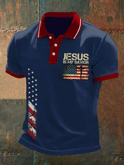 Men's Jesus Is My Savior American Flag Print Casual Polo