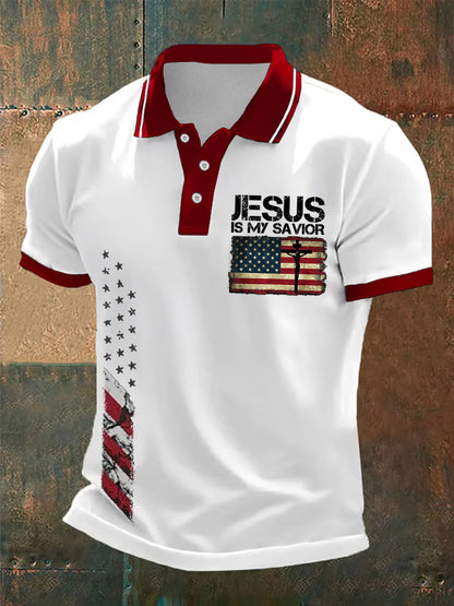 Men's Jesus Is My Savior American Flag Print Casual Polo