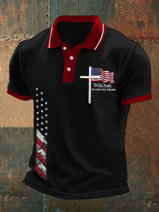 Men's We The People In God We Trust American Flag Print Casual Polo
