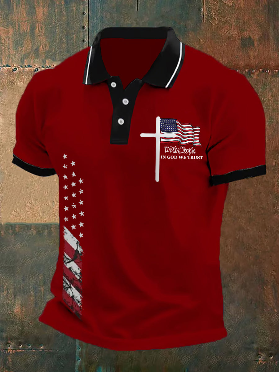 Men's We The People In God We Trust American Flag Print Casual Polo