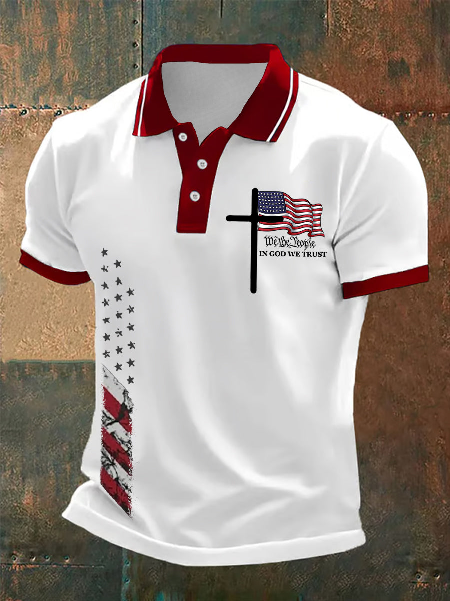 Men's We The People In God We Trust American Flag Print Casual Polo