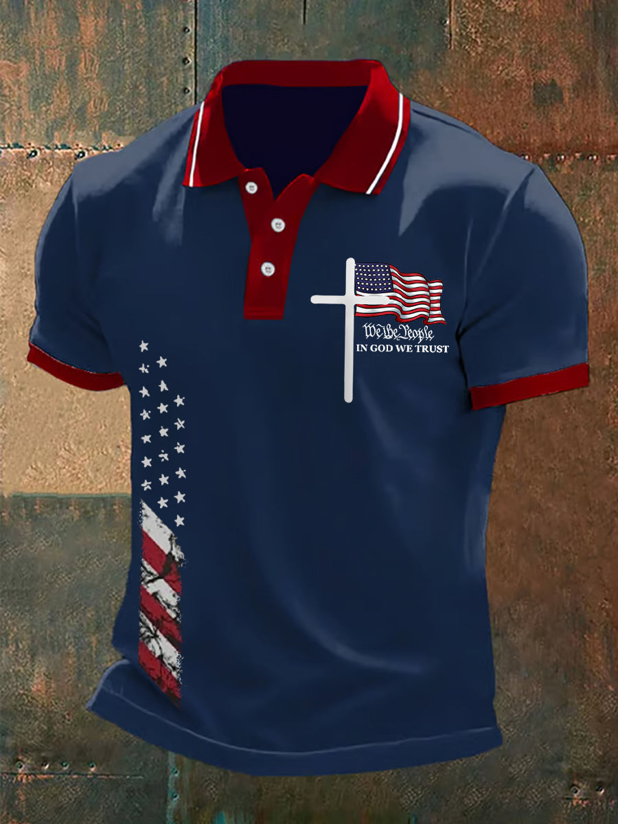 Men's We The People In God We Trust American Flag Print Casual Polo