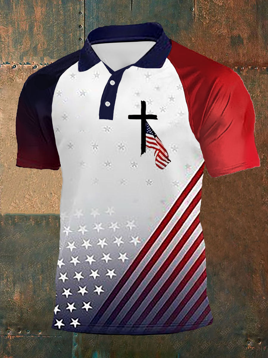 Men's Faith Cross American Flag Print Casual Short Sleeve POLO Shirt