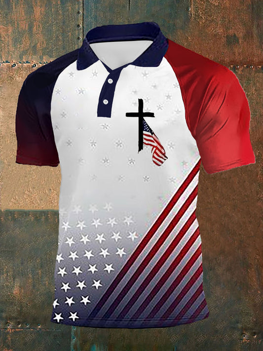 Men's Faith Cross American Flag Print Casual Short Sleeve POLO Shirt