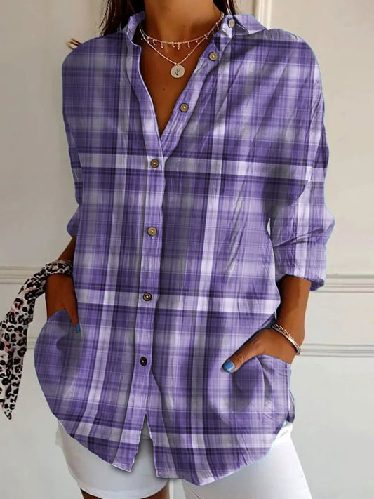 Women's Alzheimer's Awareness Purple Plaid Printed Cotton Linen Long Sleeve Shirt
