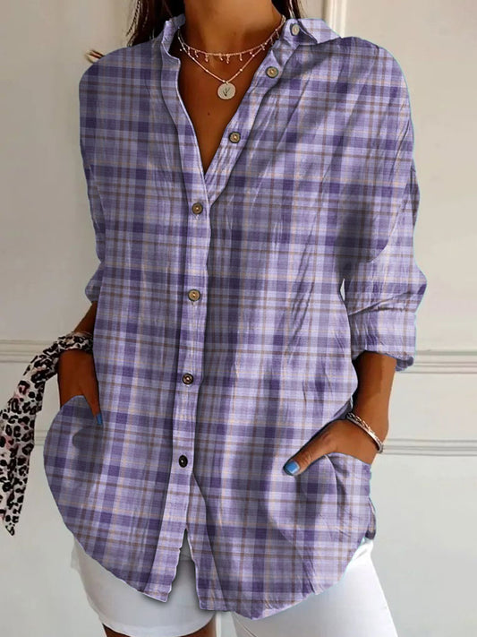 Women's Alzheimer's Awareness Purple Plaid Printed Cotton Linen Long Sleeve Shirt