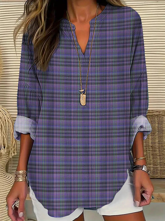 Women's Alzheimer's Awareness Purple Plaid Printed Cotton Linen Long Sleeve Shirt