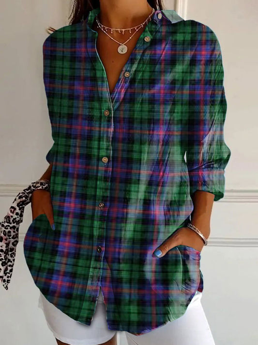 Women's Alzheimer's Awareness Purple Plaid Printed Cotton Linen Long Sleeve Shirt