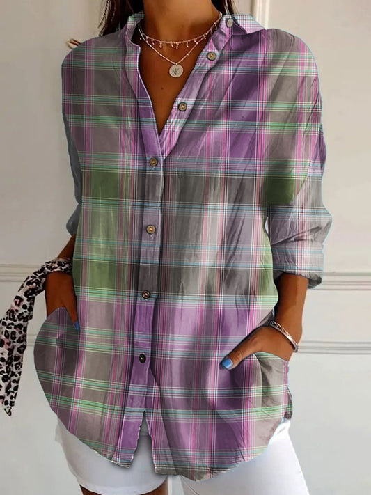 Women's Alzheimer's Awareness Purple Plaid Printed Cotton Linen Long Sleeve Shirt