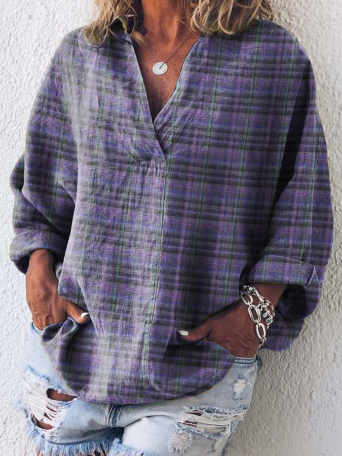 Women's Alzheimer's Awareness Purple Plaid Printed Cotton Linen Long Sleeve Shirt