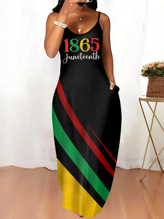 Women's Juneteenth 1865 Red Yellow Green Print Suspender Dress