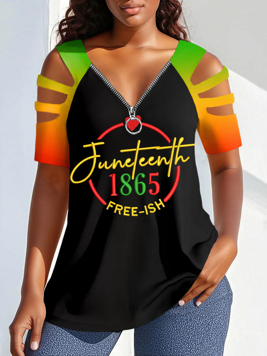 Women's Juneteenth Print Casual Zipper Off-Shoulder Tee
