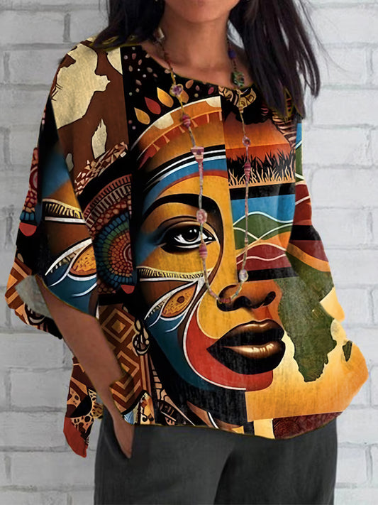 Women's Cotton Linen Juneteenth African Celebration Art Print Shirt Top