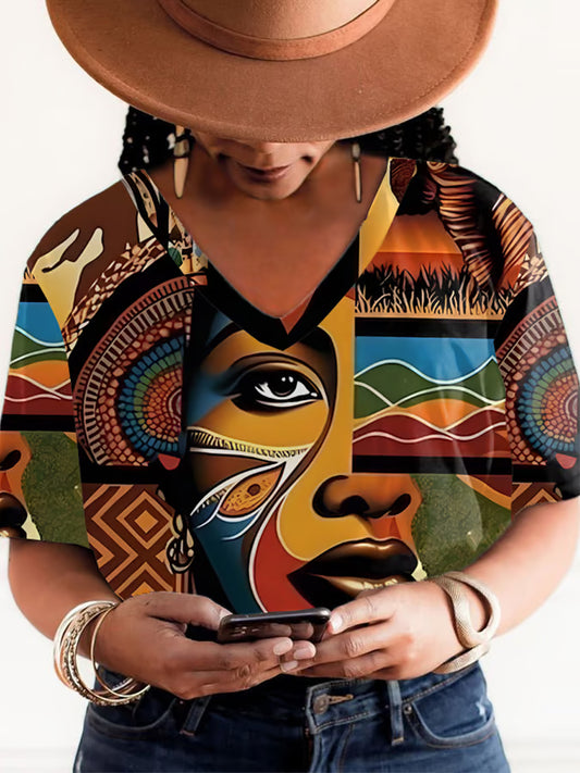 Women's Black Juneteenth African Portrait Print V-Neck T-Shirt
