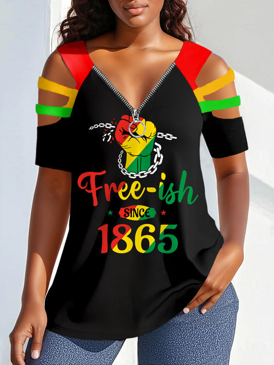 Women's Free-ish Since 1865 Juneteenth Print Zipper Hollow Tee