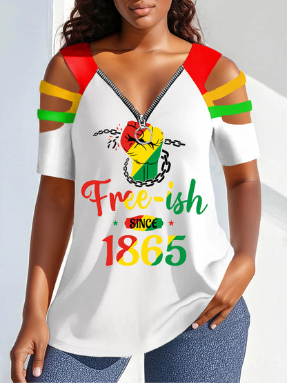 Women's Free-ish Since 1865 Juneteenth Print Zipper Hollow Tee