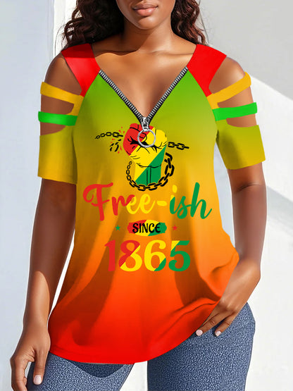 Women's Free-ish Since 1865 Juneteenth Print Zipper Hollow Tee