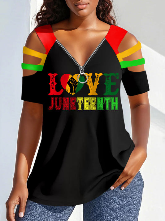 Women's Be Kind Juneteenth Print Zipper Hollow Tee