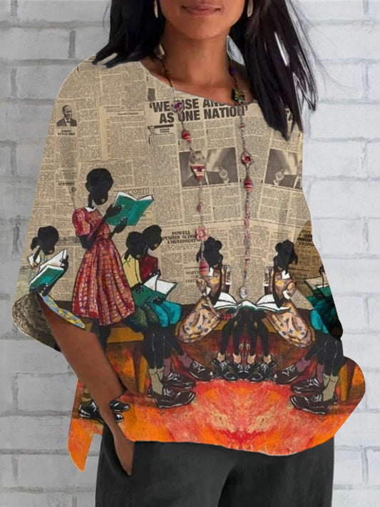 Women's Casual Black Juneteenth Graphic Print V-Neck Short Sleeve T-Shirt