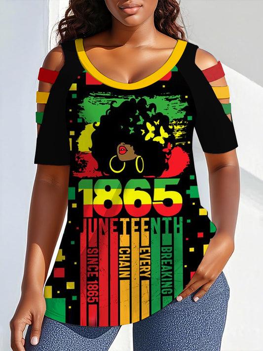 Women's Juneteenth 1865 Print Round Neck Off-Shoulder T-shirt