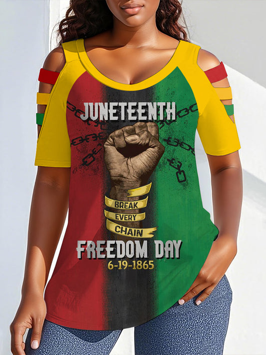 Women's Juneteenth Print Round Neck Off-Shoulder T-shirt