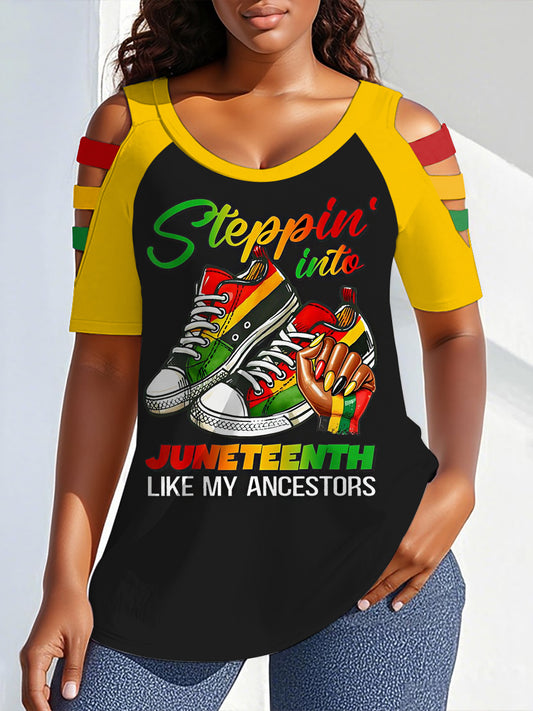 Women's Stepping Into Juneteenth Print Round Neck Off-Shoulder T-shirt