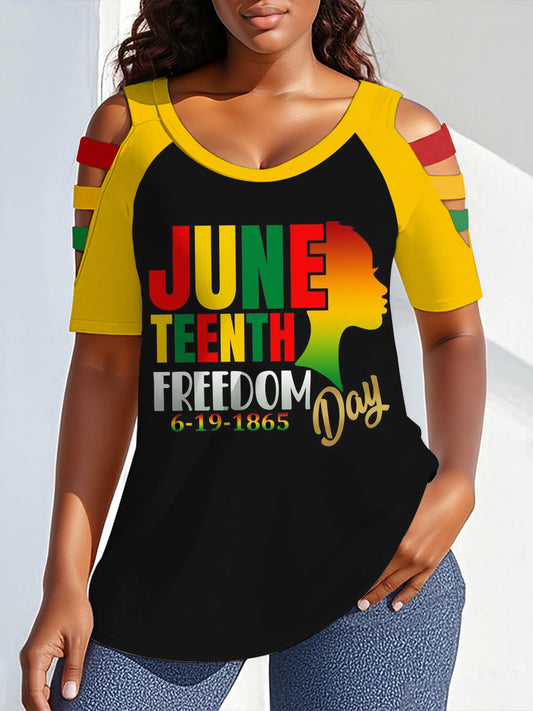 Women's Juneteenth Freedom Day Round Neck Off-Shoulder T-shirt
